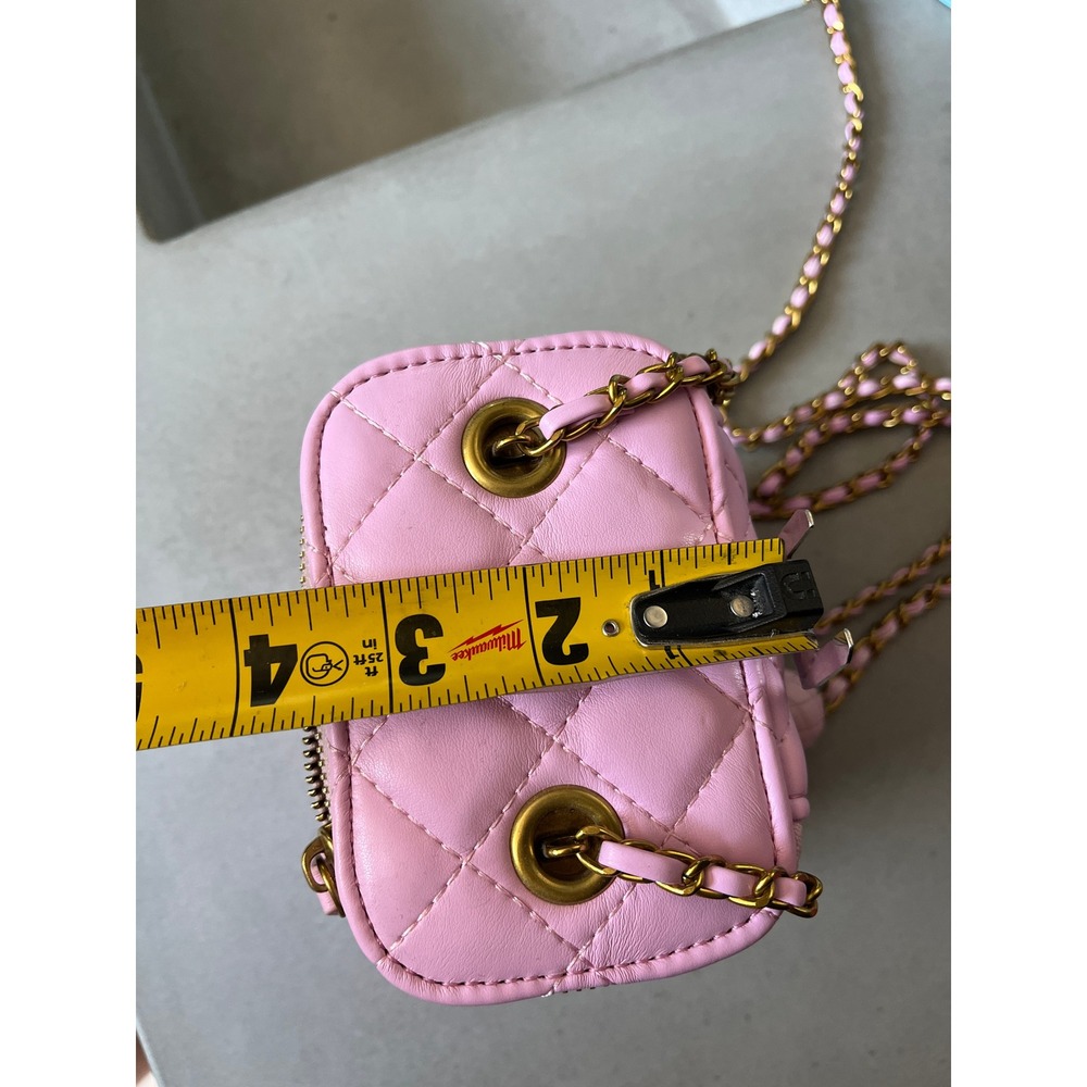 Pink Quilted Mini Vanity Case Crossbody Bag Gold Chain Flower Charm Boho Chic - Picture 12 of 12